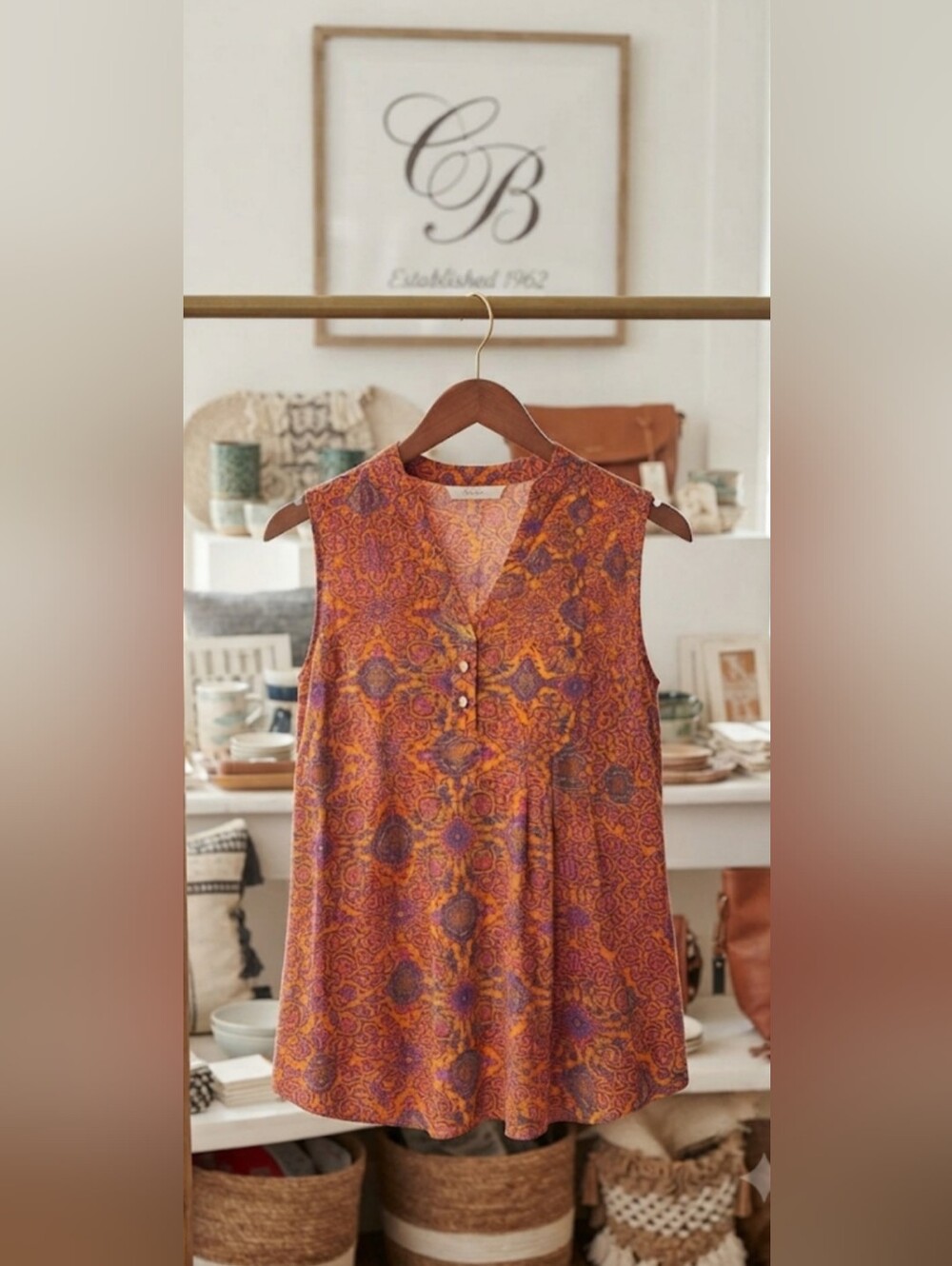 Sleeveless V-Neck Paisley Print Women's Top in Orange and Purple